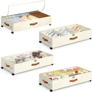 Yecaye Under Bed Storage with Wheels, 4 Pack Under Bed Storage Containers with Adjustable Dividers & Clear Window, Rolling Underbed Organizer Bins Drawers for Clothes, Shoes, Blankets Toys, Beige