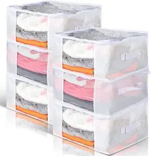 6 Pcs Clear Storage Bags Zippered Plastic Clothes Containers Case Fabric Blanket Organizer Large Storage Bins with Handles for Bedding Sheets Closet Blankets Toys(16 x 12 x 8 Inch,White)