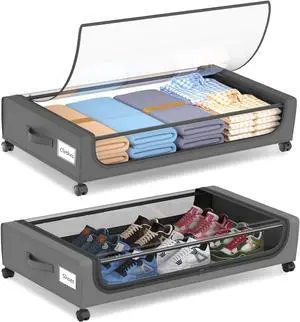 Large Under Bed Storage with Wheels, Under Bed Storage Containers, Under Bed Shoe Storage Organizer, Rolling Underbed Storage Containers for Bedroom Clothes Shoes Blankets, 2 Pack, Grey