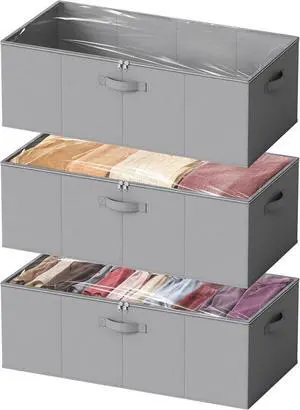 SpaceAid 3 Pack 10" High Under Bed Storage Containers, Large Underbed Storage Organizer Bins with Lids for Bedroom, Dorm, Clothes, Closet Organization, Bed Sheets and Blankets (Gray)