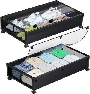 Simple Trending Under Bed Storage Containers with Wheels, XXL 77L Under Bed Shoe Organizer Drawer with Clear Lid, Rolling Storage Containers for Shoes, Clothes, Black