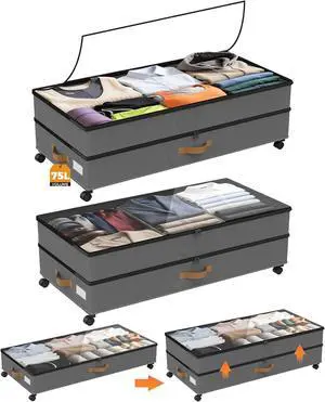 Under Bed Storage with Wheels 2-Pack, 75L XXL Under the Bed Storage Containers Large, 12" Tall Adjustable Storage for Underbed with Lids, Rolling for Shoes, Clothes, Blankets (Grey)