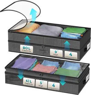 2 Pack Under Bed Storage Containers, Double Layer Underbed Storage Bins for Extensible Closed Design,Clothes Storage Bins with Sturdy Sidewalls/Bottom and PVC Clear Window for Shoes Storage Organizer