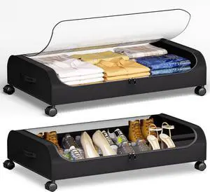 Under Bed Storage with Wheels, 2 Pack Curved Containers, 60L Under The Bed Storage Bins, Rolling Metal Drawer for Clothes, Blankets, Shoes - Black
