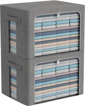 Clothes Storage Bins Box - Linen Fabric Foldable Stackable Container Organizer Set with Clear Window & Carry Handles & Metal Frame - 2Pack Large Capacity for Bedding, Blankets, Books
