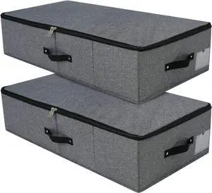 2PCS Foldable Under Bed Storage Box with Plastic Support Liner, Handles, Zipper lid, Blankets Clothes Comforters Storage Bin Organizer for Bedroom and Closet, 29×15×7inch, Black Grey
