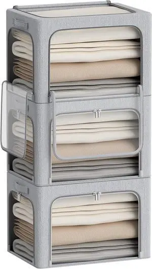 3 Openings Clothes Storage Bins Box - 3Pack Stackable Foldable Storage Bin - Metal Frame Storage Box Clothing Storage Organizer with Clear Window, Carry Handles (66L-19.7x15.7x13in, Light Grey)
