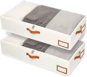 Yawinhe Under Bed Storage, 2 Pack Closet Organizers, Collapsible Container Bags, with Sorting Card Slot and 4 Leather Handles, for Blanket, Bedding, 23.6''Lx11.8''Wx6''H, Beige