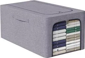 56L Stackable Clothes Storage Bins with Metal Frame Handles & Zipper, Collapsible Closet Organizer Box with Lid for Bedding Blankets Towel (Grey,1 pack)