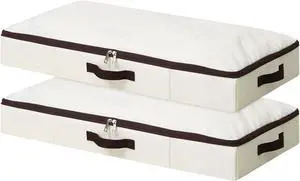 2Pcs Under-Bed Storage Bins with Sturdy Handles, Toy Storage Organizers, Clothes Storage, Rigid Folding Under Sofa Storage for Clothing, Quilts, Wrapping Paper (Beige, 29.5*15*4")