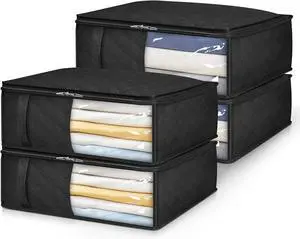 MISSLO Bed Sheet Organizers and Storage Queen/King Size Sheet Folder 4 Pack Linen Closet Organizer with Clear Window Blanket Storage Bags for Bedsheets, Pillow Cases, Towels, Clothes