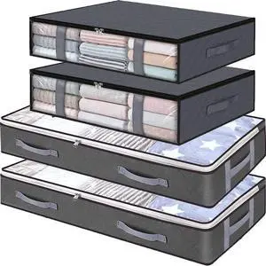 Under Bed Storage Containers, 4-Pack Large Capacity Underbed Storage Bags Organizer, Thick Fabric Storage Bins with Clear Window and Handles for Blanket, Comforter, Bedding, Clothes, Gray