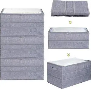 Storage Bags with Clear Cover, 3-Pack Expandable Clothes Storage Bins Foldable Closet Organizers with Durable Handles & Zipper for Blanket, Comforters, Bed Sheets, Pillows, Toys, Grey