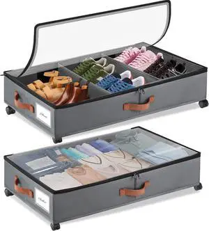 2Pack Under Bed Storage with Wheels, Upgrade Foldable Underbed Storage Containers Organizers Bins, Under Bed Shoe Storage Organizer for Clothes Shoes Blankets Sweater (Grey)