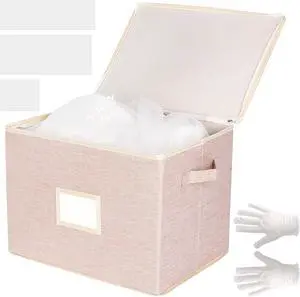 Wedding Dress Storage Box with 1 Pair of Microfiber Gloves and 20 Sheets of Acid-Free Paper, Wedding Dress Preservation Box for Heirlooms, Gowns Bride Musthaves (Pink)