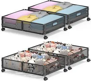 Under Bed Storage with Wheels, Rolling Under Bed Storage Bins for Shoes Clothes, Foldable and Easy Mobility (4 Pack, Black)
