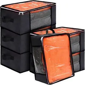 6 Pcs Clear Storage Bags Zippered Plastic Clothes Containers Case Fabric Blanket Organizer Large Storage Bins with Handles for Bedding Sheets Closet Blankets Toys(16 x 12 x 8 Inch,Gray)