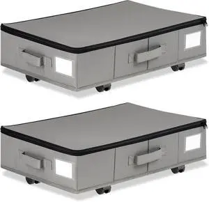 Under Bed Storage with Wheels, 2 Pack Under Bed Storage Containers with Label Holders for Clothes, Shoes and Blankets, Rolling Underbed Shoe Organizer with Cover, Grey (23.6 x 15.7 x 7.28 in)