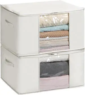 TYEERS Large Storage Bags with Zipper and Clear Window, Cotton Blended Fabric Storage Containers for Seasonal Clothes and Bedding, 23.6x15.7x13.8 Inches, 2-Pack, Beige