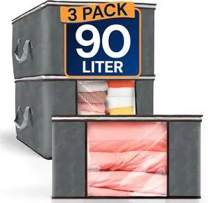 Reli. 90L Large Clothes Storage Bags (3 Pack) Closet Organizers, Storage Containers | Large Clothing Bags with Handles for Towels, Comforters, Blankets | Grey