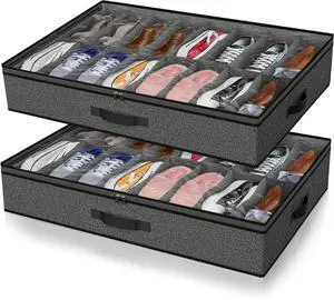 2 Pack Under Bed Shoe Storage Organizer for Closet, Fits Total 32 Pairs Foldable Underbed Shoes Containers Boxes Under the Bed Storage Bedding with Sturdy Handles&Clear Window for College Dorms, Grey