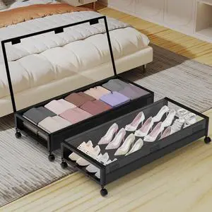 Under Bed Storage Bins With Lids - 2Pack Lengthen Underbed Storage Containers with Wheels, Large Capacity Metal Clothes Organizer for Bedroom Shoes Blanke Sheet