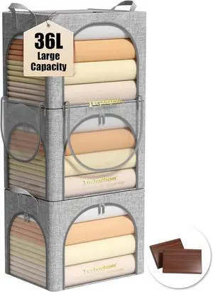 Clothes Storage Bins with Lids, 3 Pack Foldable Fabric Storage Bins with Metal Frame, Linen Closet Organizers and Storage Box With Clear Window and Carrying Handles