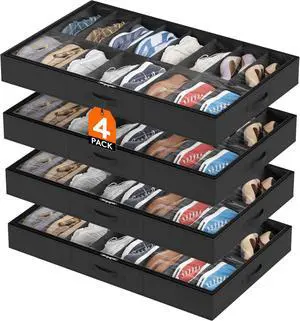 Lifewit Under Bed Shoe Storage Organizer 4 Pack(16 Pairs), 4.3" Tall Fabric Shoes Container Box, Foldable Closet Shoe Bag with 2 Reinforced Handles and Clear Cover, Black