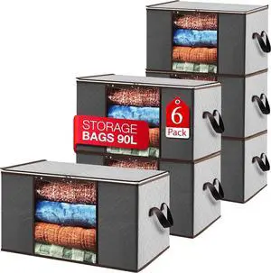 Masirs Storage Bags For Clothes - 6-Pack Collapsible Organizers for Blankets, Bedding & Clothes - Large 90L Zip Bags with Handles - Clear Durable Containers for Closet Organization (Grey)