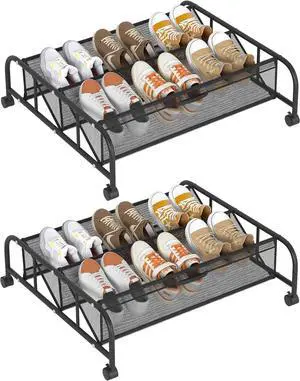 2 Tier Shoe Rack Underbed Organizer Storage Rack with Wheels Woven Mesh Cloth Shoe Organizer Drawer Space Saving for Bedroom (Black, 2 Pack)