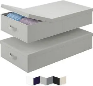NEATERIZE Under Bed Storage Bins With Lids [Set of 2] Long Flat Stackable Underbed Storage Containers For Organizing Clothing, Shoes, Blankets, and Linen. Garage Boxes. (Large-Light Grey)