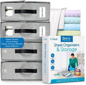 Bed Sheet Organizers and Storage, 4 Units for Closet Storage and Dorm Room Essentials, Clothes Organizer for King & Queen Bed Sheets, Gray Foldable Cationic Oxford Fabric, Odor-Free