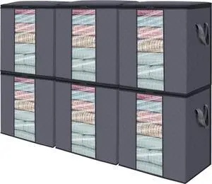 WISELIFE Clothes Storage Bags 6 Pack/100L Large Blanket Clothes Organization and Storage Containers for Bedding, Comforters, Foldable 3 Layer Fabric, Reinforced Handle, Sturdy & Clear Window, Grey