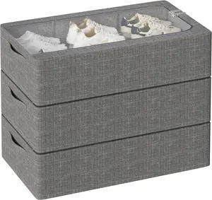 Under Bed Storage Bins with Metal Frame, Shoe Organizer for Closet with Large Clear Windw,Foldable Stackable Linen Fabric Clothes Organizer Bins (Dark Grey, 15.7(L) x13(W) x6(H) inch)