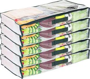 5-Pack Clear Vinyl Zippered Underbed Storage Bags 32 x 16 x 4 Inch with Dark Green Trim, 11 x 14.5 Insert Pocket and Handle
