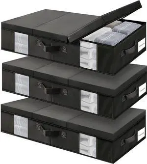 Underbed Storage Containers 3 Pack, Large Under Bed Storage Bins with Lids, Foldable Under the Bed Storage Drawer for Organizing Clothes, Shoes, Blankets, Pillows-PEVA Waterproof Material