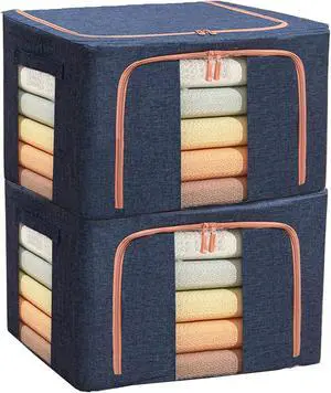 Clothes Storage Bags - Stackable Organizer with Foldable Shape Keeping Metal Frame, Zipper, Handles, Clear Window, Storage Container Box for Blanket, Sweater, Pillow Seasonal Clothing (66L x 2 Pack,