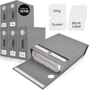6 Pack Bed Sheet Organizer and Storage, Foldable Storage Organizer for Linen Closet with Viewing Window & Label for Bedding Sheets & Blankets (Queen & King Size) Gray