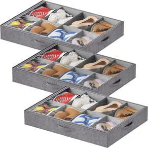 Lifewit Under Bed Shoe Storage Organizer Fits 8 Pair Sneakers, 4.3 Inches Tall Sturdy Structure Ultra Thick Fabic Sneaker Storage, Foldable Underbed Shoe Boxes for Heels, Boots, Sports Shoes 3 Pack