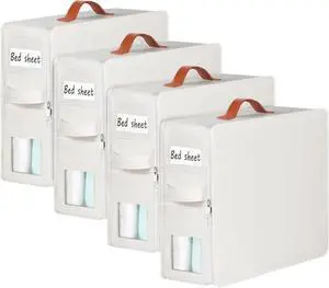 KEEGH Bed Sheet Organizers and Storage, 4 Pack Linen Closet Organizer for Bedding, Sheets Set Folder Organizer with Window& Zipper, Bed Sheet Storage Organizer for Bedsheets, Duvet Cover - Beige
