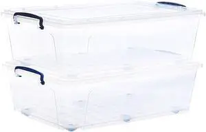 Superio Under Bed Storage Containers with Wheels (2 Pack), Flat Clear Storage Bin Stackable Large Storage Latch Box with Lids Store Cloths, Bedding, Linen, For Under The Bed, Garage, Home
