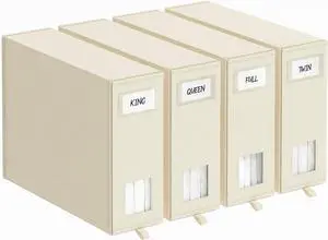 Fixwal 4 Pack Bed Sheet Organizers and Storage Foldable Box for Linen Closet, (Queen & King Size) Bedding Set Containers for Blanket Comforter Pillow Cube with Window and Label, Beige