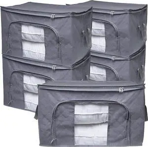 ZOBER Clothes Storage, Foldable Blanket Storage Bags, Storage Containers for Organizing Bedroom, Closet, Clothing, Comforter, Organization and Storage with Lids and Handle, 6 Pack, Grey
