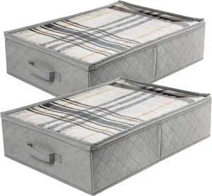 LotFancy Foldable Under Bed Storage Bags, Closet Organizers and storage bins, Clothes Blankets Organizer, with Clear Window and Reinforced Handles, 24 x 16 x 6", Gray, Pack of 2