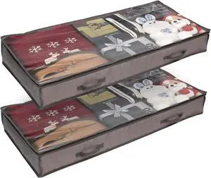 Under Bed Storage Bag - Set of 2 Foldable Organization Bag - Fits Under Bed Or In Closets - Store Clothes, Blankets, Toys In Clear Zippered Fabric Organizers 2PK (Brown)