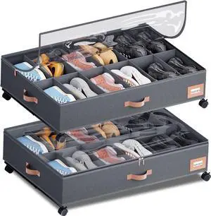 Under Bed Shoe Storage with Wheels, Set of 2, Fit 12 Pairs, Dorm Room Essentials, Shoe Organizer Under Bed Solution with Clear Window, Breathable, Shoe Organizer for Closet