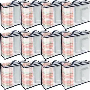12 Packs Clear PVC Organizing Bags with Zipper Storage Bags Waterproof Dustproof Blankets Bed Sheet Storage Bag 15.7x11.8x3.9 Inch with Handle