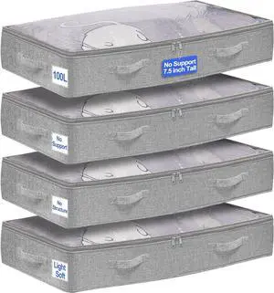 punemi 100L Under Bed Storage Containers, NO STRUCTURE Extra Large Underbed Storage,Soft Foldable Zipper Cloth Blanket Storage Container, Long Flat Storage Bins For College Dorm, 4 Pack, 20x40x7.5in