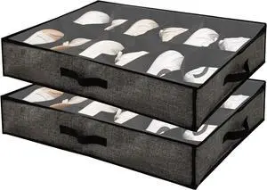Under Bed Shoe Storage Organizer, Set of 2 for 24 Shoes - Slide This Sturdy Shoe Organizer Under Bed to Declutter & Save Space - 2 Underbed Storage Containers Come in Chic Gray with Clear Windows