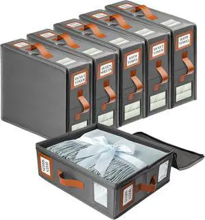 Bed Sheet Organizers and Storage (King & Queen Size) 6 Pack with Window and Label, Foldable Sheet Organizer With Handle, Grey